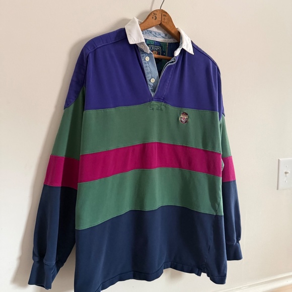 Vintage Ralph Lauren Chaps Rugby Shirt Mens M Navy Green Stripe 90s Preppy Bloke - Picture 12 of 12